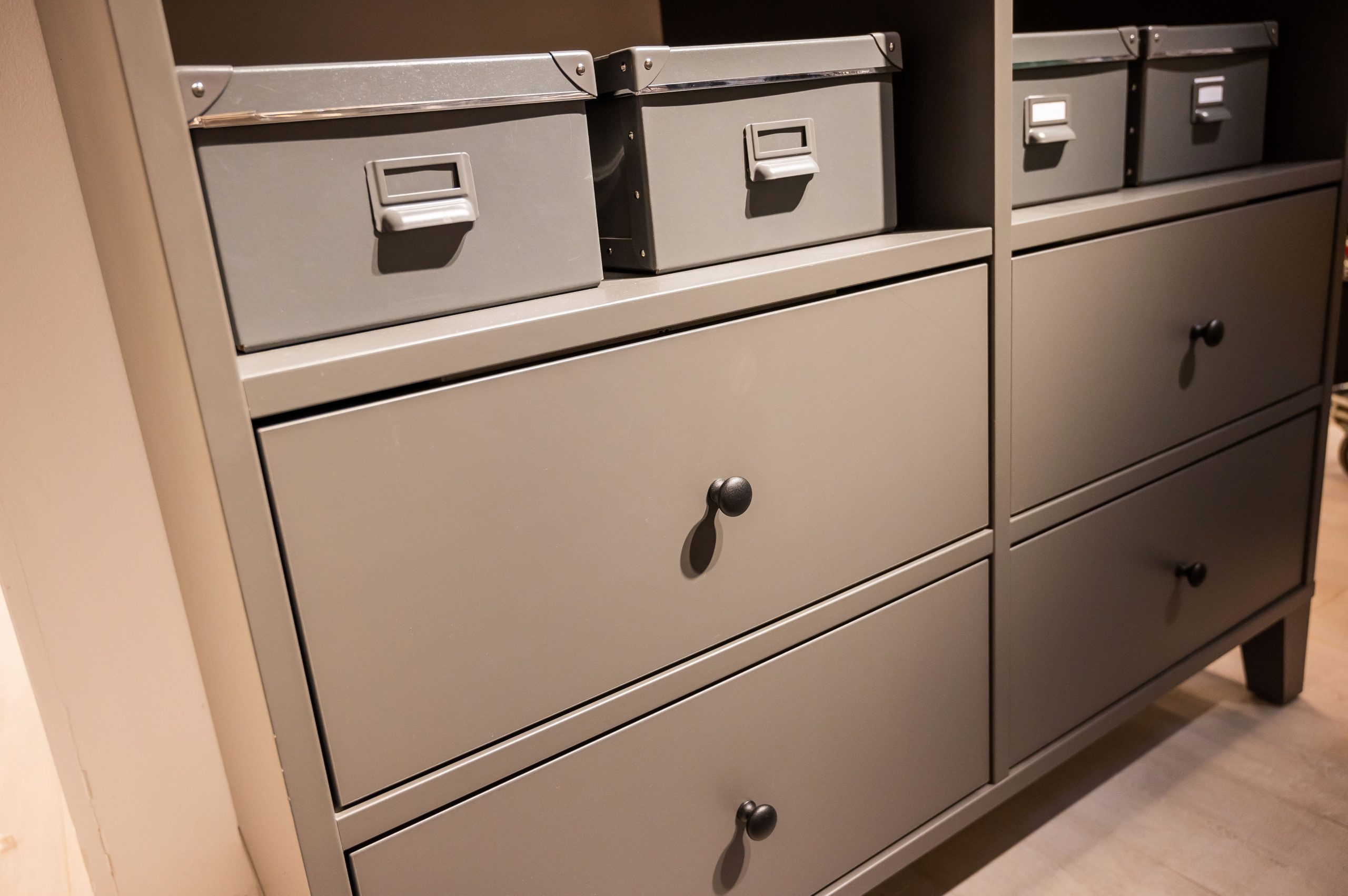 Lockable filing cabinets and open shelving for professional office organization