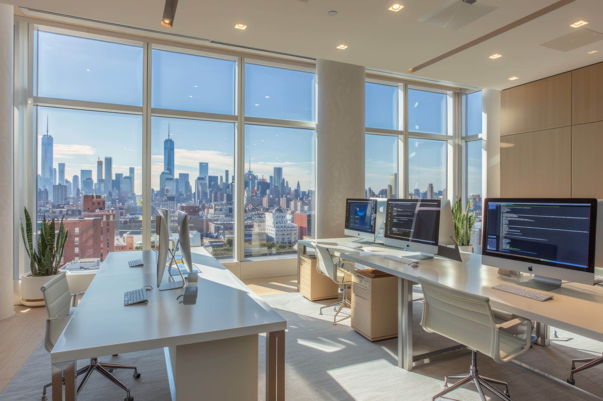 office desks in corporate headquarters—executive workstations in a glass-walled enterprise office