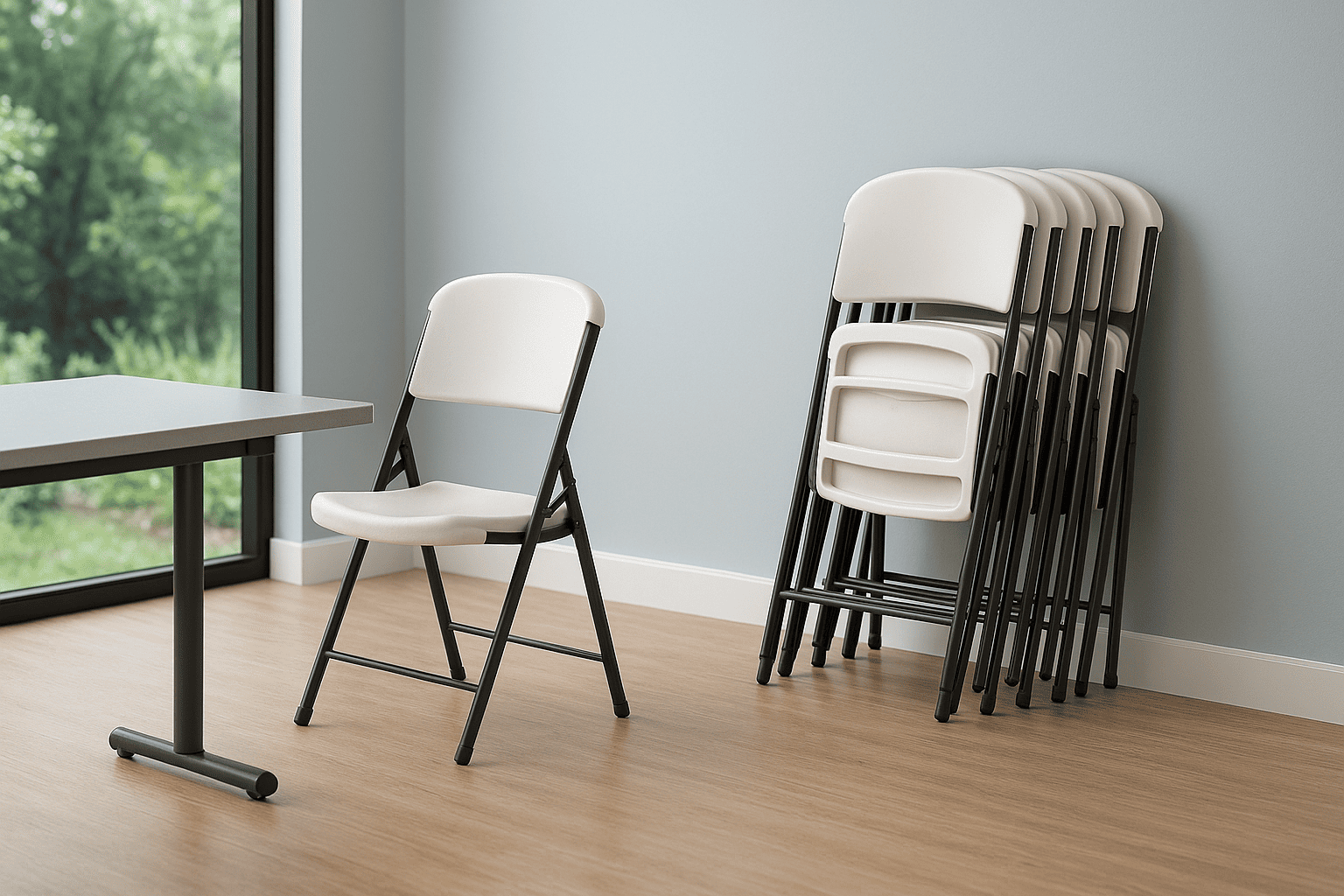 White folding office chairs stacked in the corner of a meeting room, providing portable and space saving seating for events or temporary setups.