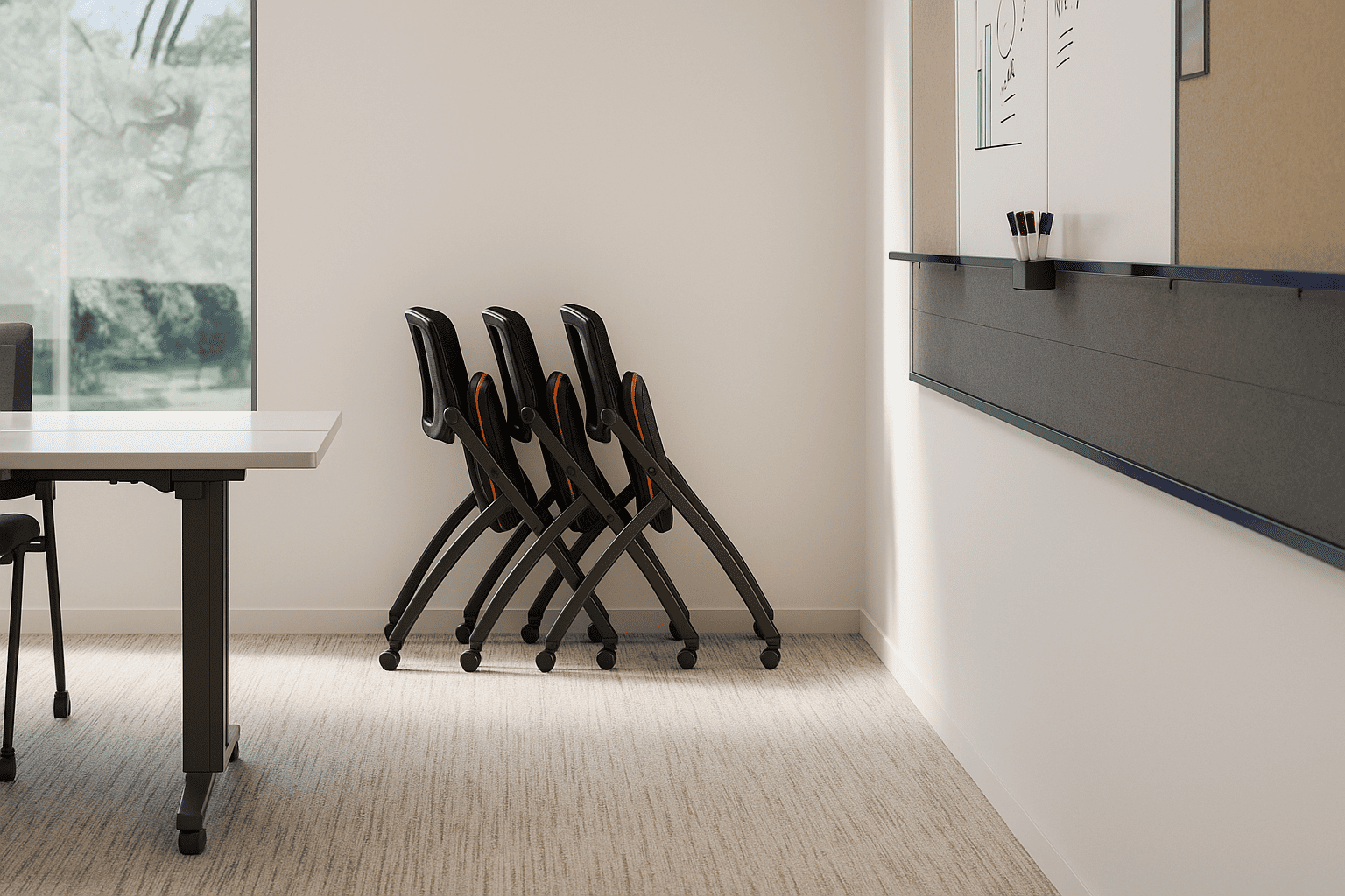 Modern nesting office chairs with flip-up seats stored compactly against the wall, ideal for training and multipurpose workspaces.