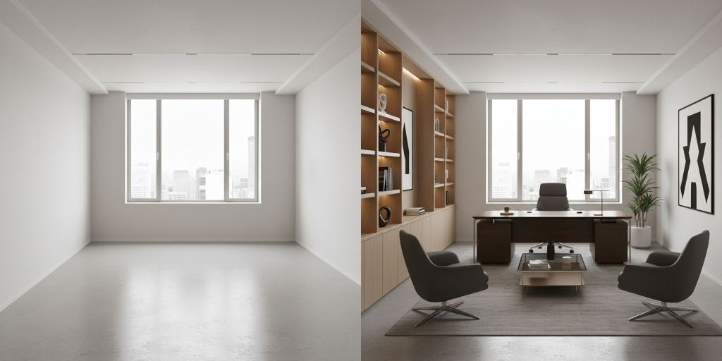 executive office design before and after comparison highlighting layout and style improvements