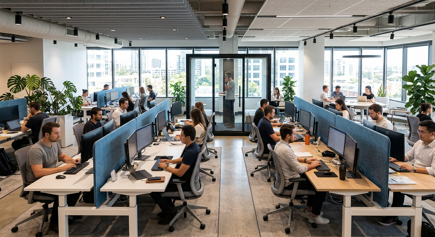 Open plan office with PET felt acoustic screens between bench desks and a phone booth in the background