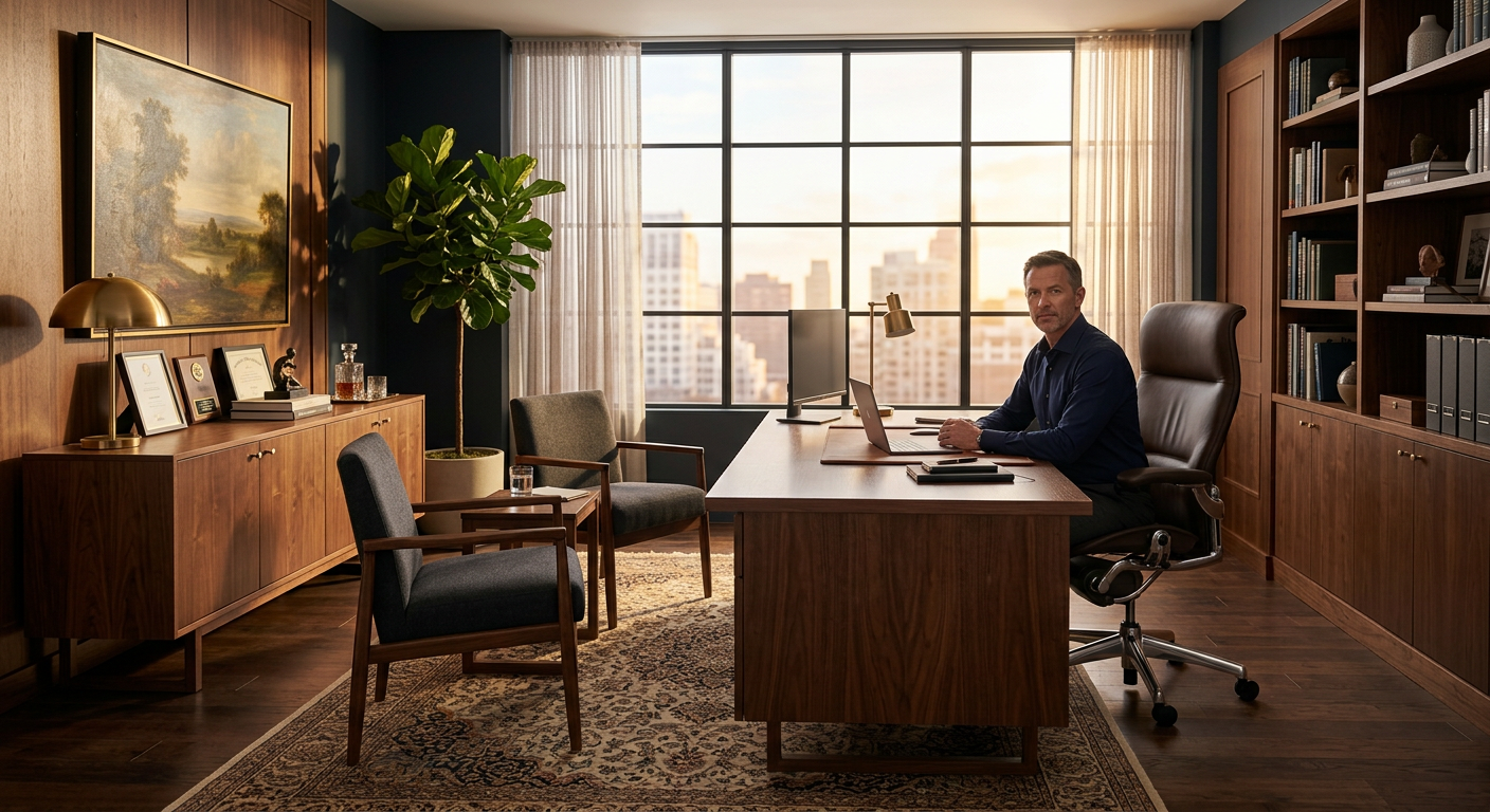 Executive private office featuring a walnut desk, leather task chair, and matching guest seating