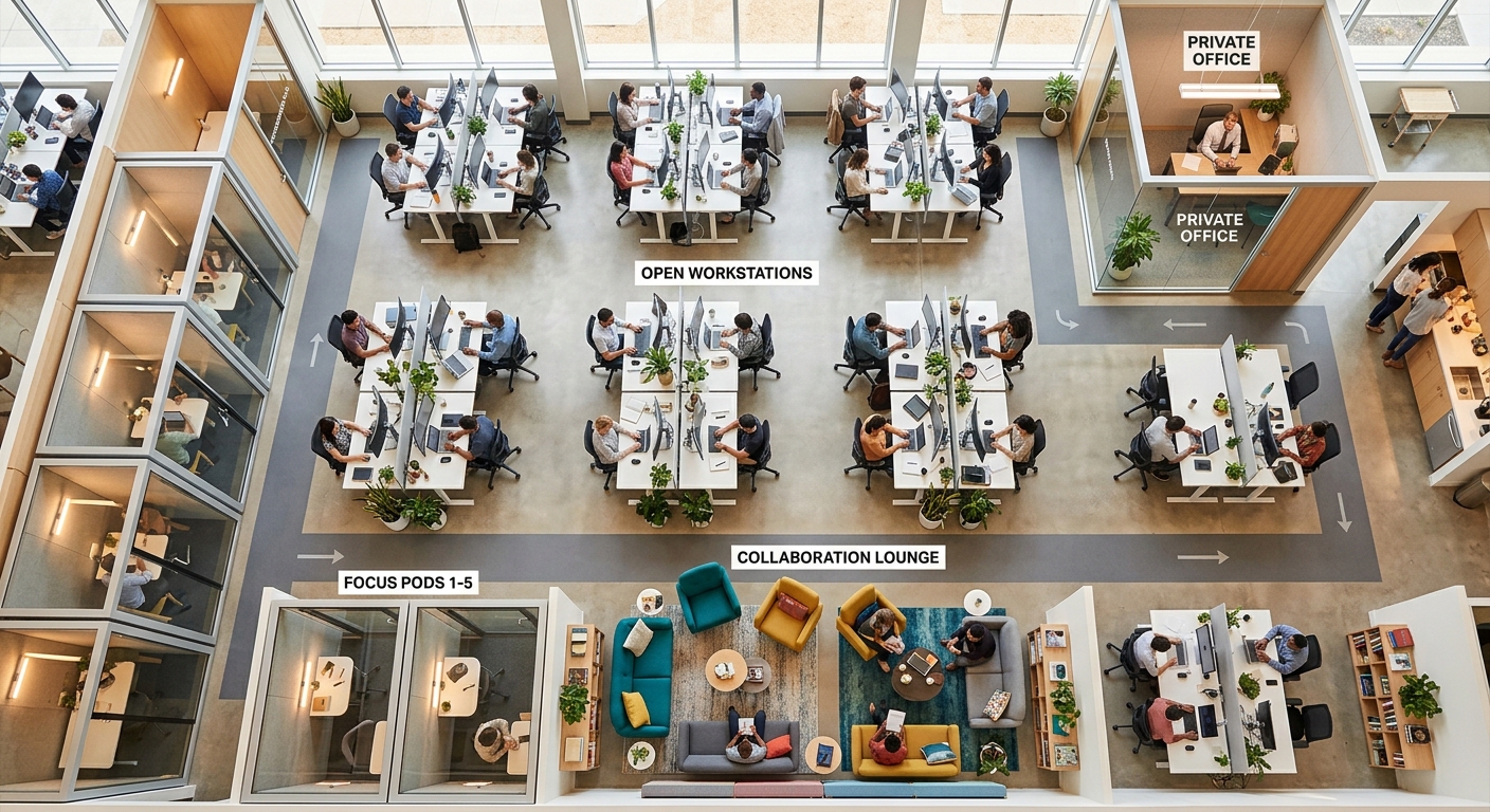 Hybrid office showing zoned areas including open desks, glass focus pods, and lounge seating