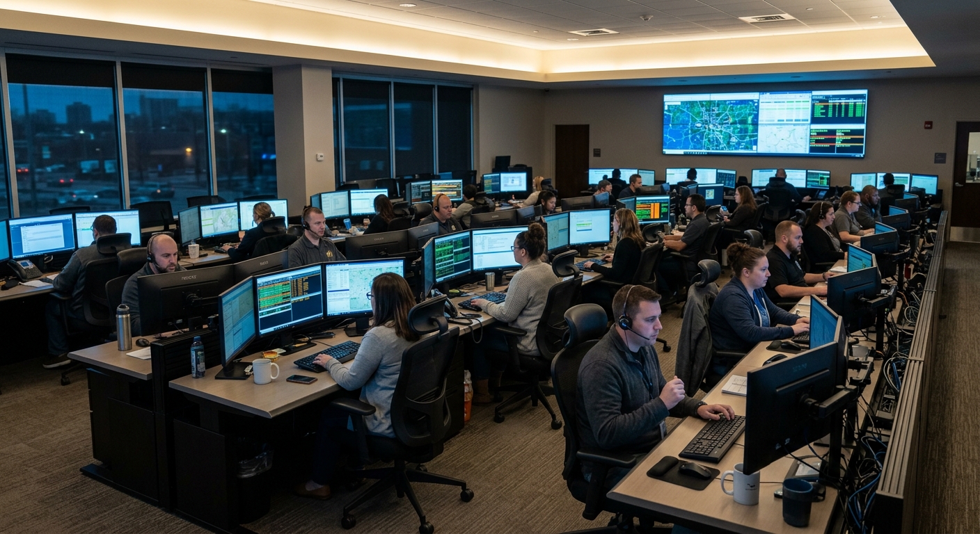 24/7 dispatch operations center with ergonomic chairs