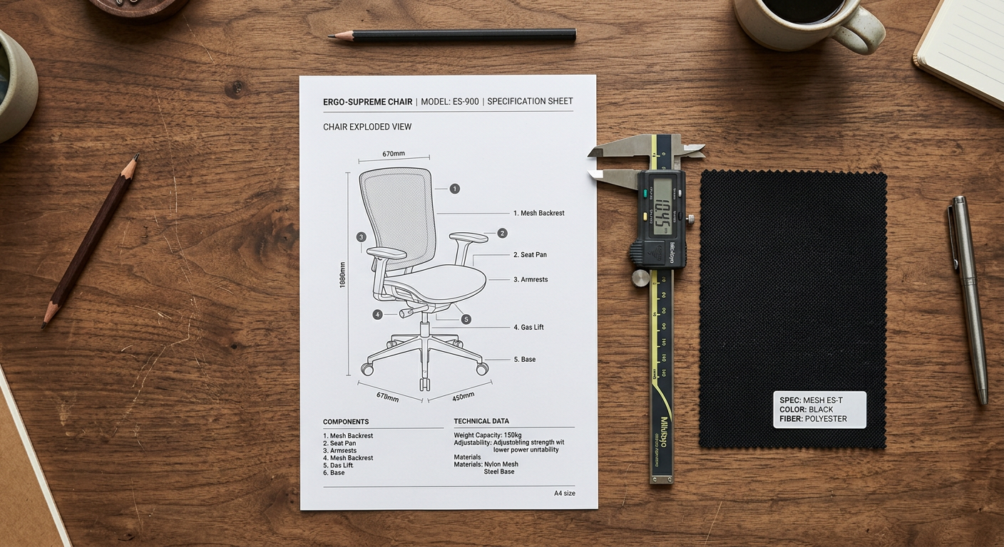 Office chair technical specification sheet with measurement tools